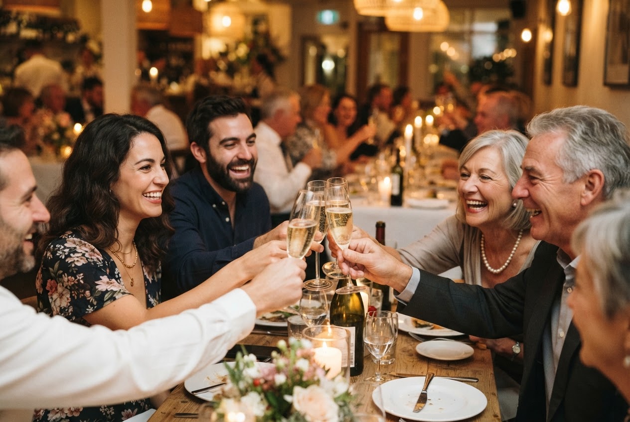 Aramis Feier Anstoßen Gäste stoßen bei einer Feier in der Aramis Brasserie an